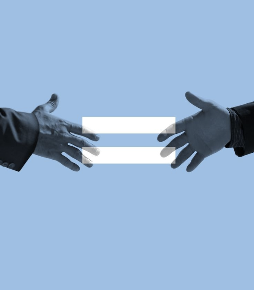 Two hands reaching towards each other across an equals sign